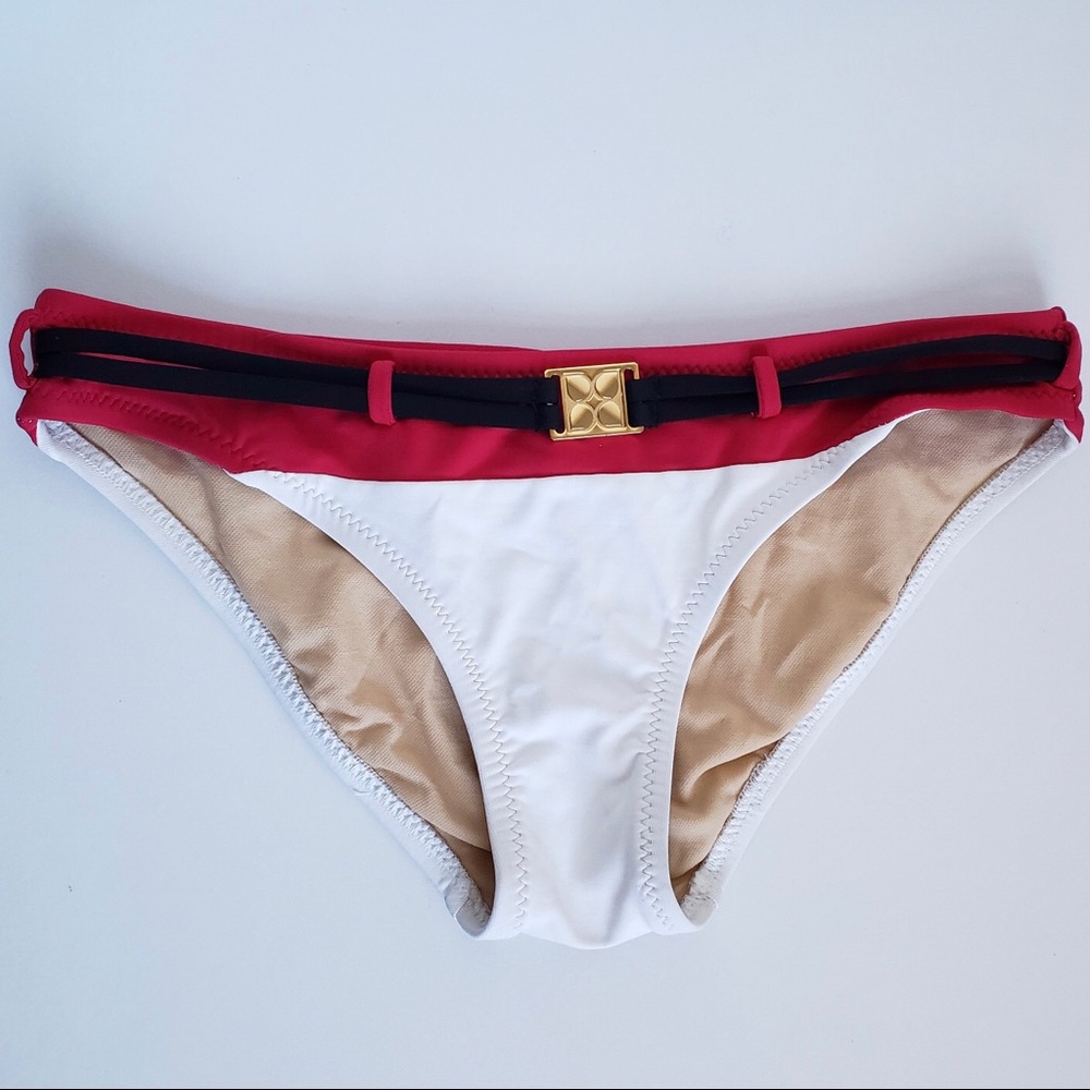 NWT BCBGMaxAzria Black White & Red Gold Metal Accent Bikini Bottoms Extra Small
